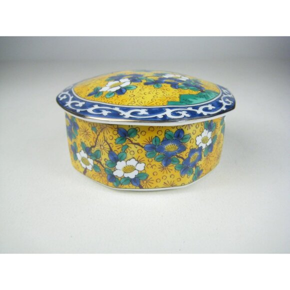 Kutani Takahashi Octagon Trinket Box Japan Floral Bird Vintage Lidded Porcelain - Picture 7 of 13